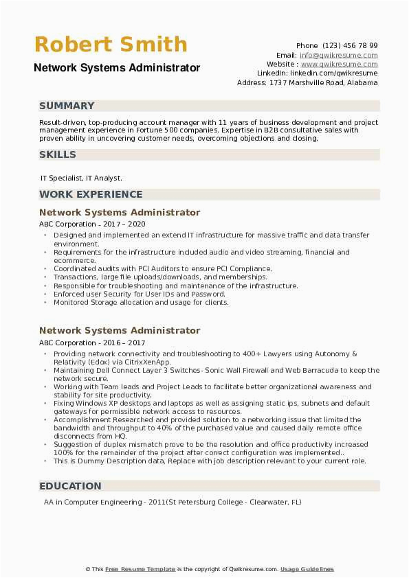 Systems and Network Administrator Resume Sample Network Systems Administrator Resume Samples