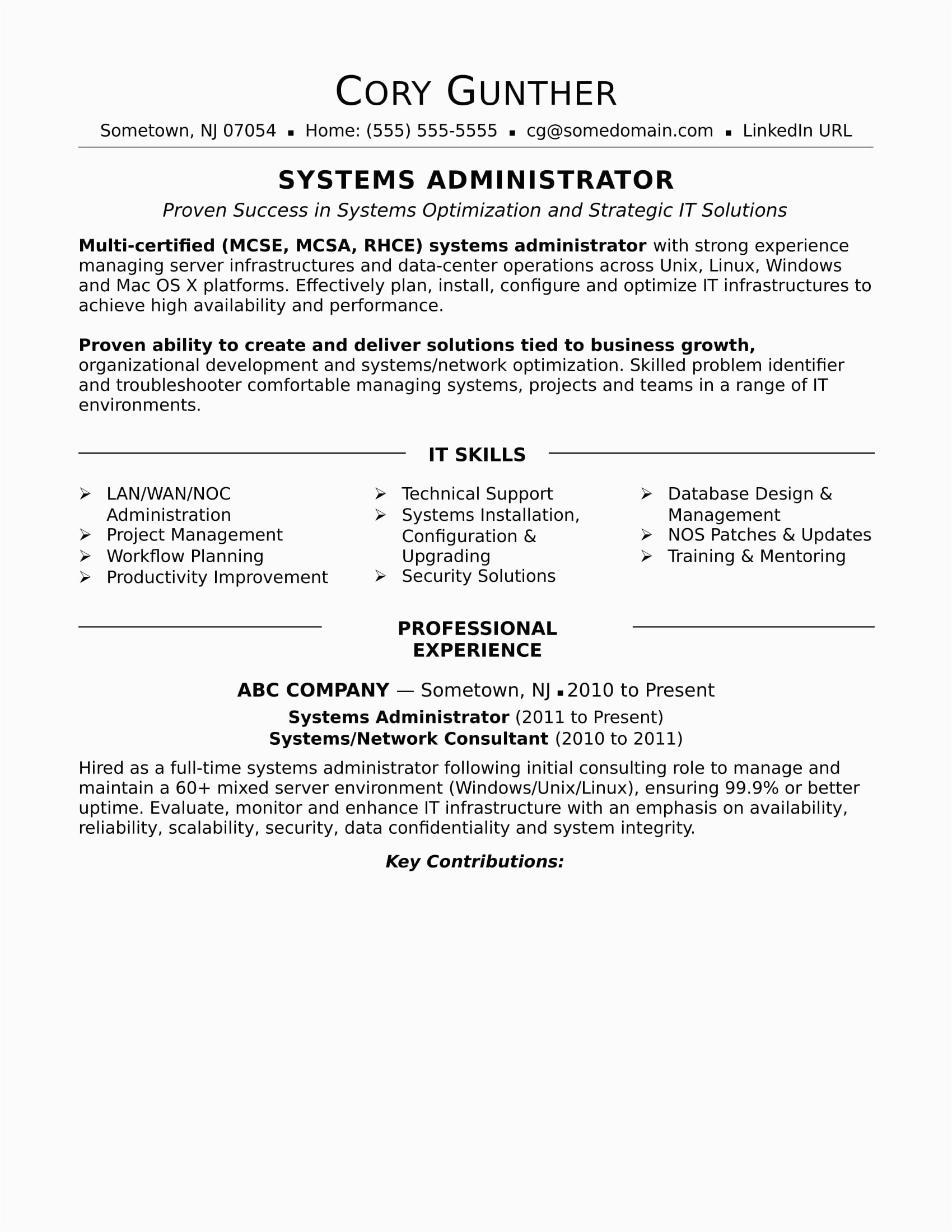 Systems and Network Administrator Resume Sample Professional Cv Network Administrator Network Administrator Resume
