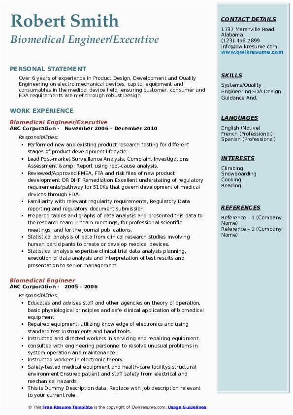 Systems Engineer Medical Device Resume Samples Biomedical Engineer Resume Samples