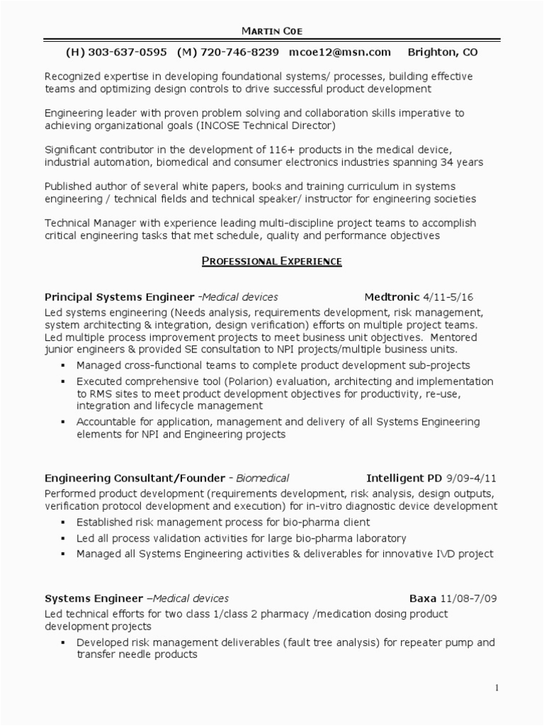 Systems Engineer Medical Device Resume Samples Systems Engineering Manager Medical Devices In Denver Boulder Co Resume