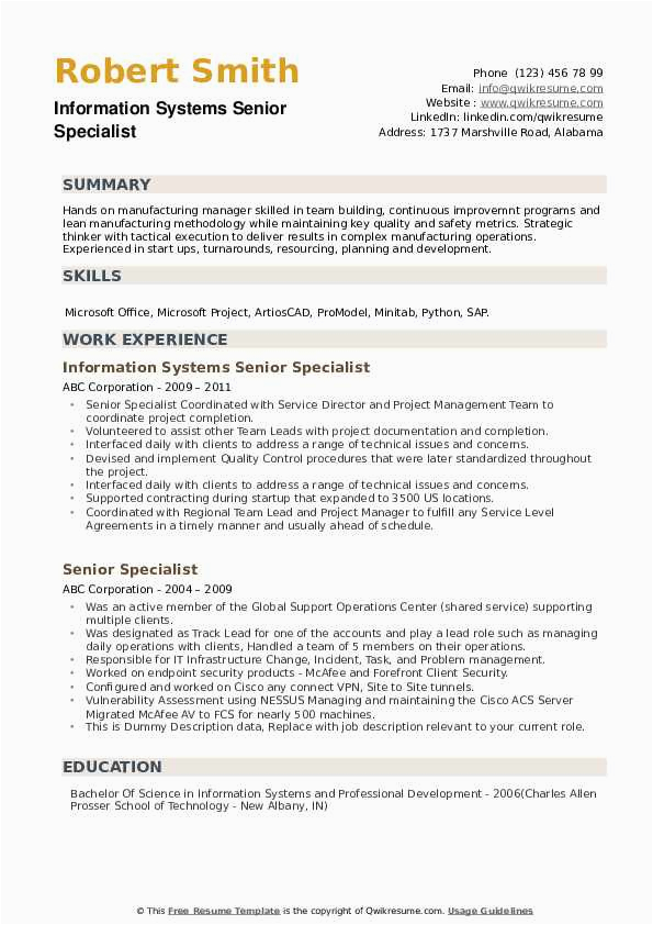 Systems Technical Sr Specialist Resume Samples Senior Specialist Resume Samples