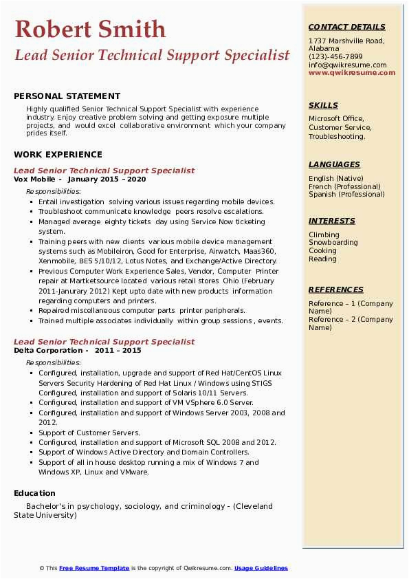 Systems Technical Sr Specialist Resume Samples Senior Technical Support Specialist Resume Samples