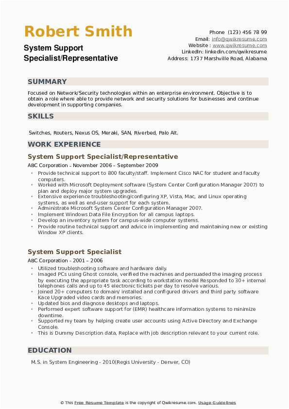 Systems Technical Sr Specialist Resume Samples System Support Specialist Resume Samples