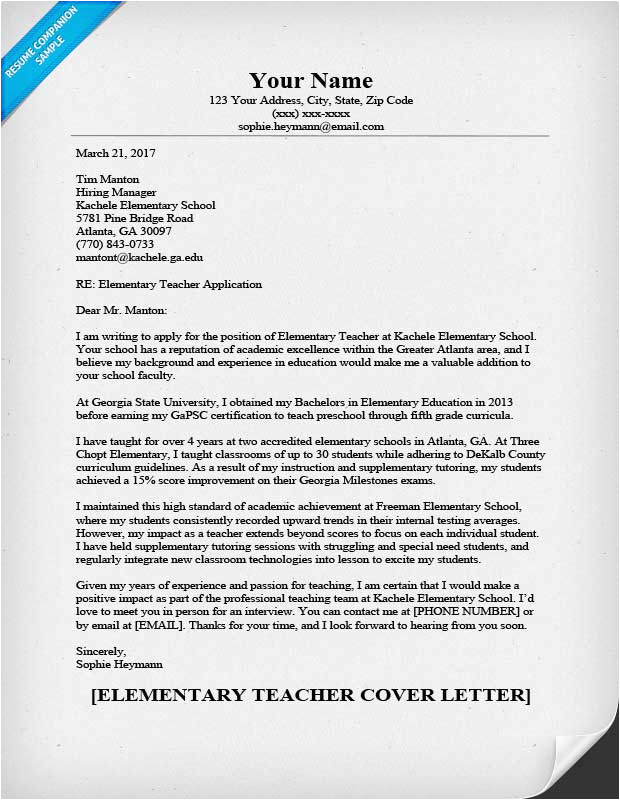 Teacher Resume and Cover Letter Samples Elementary Teacher Cover Letter Sample & Guide