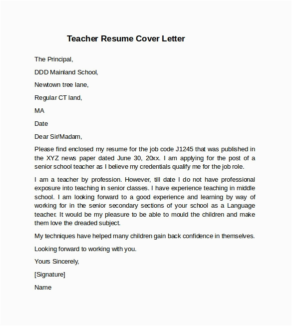 Teacher Resume and Cover Letter Samples Free 14 Teacher Cover Letter Examples In Pdf