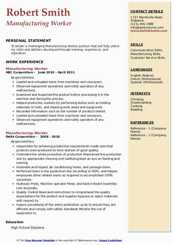 Up to Work Free Resume Template Manufacturing Worker Resume Samples