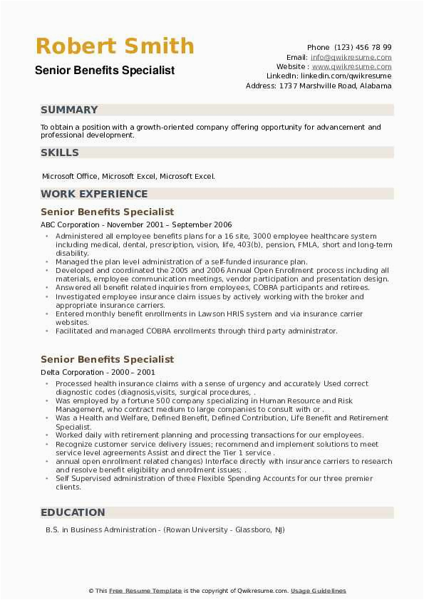 Va Dss Benefit Specialist Resume Samples Senior Benefits Specialist Resume Samples