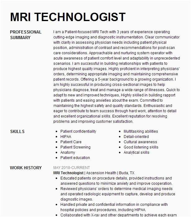Va Hospital Mri Tech Resume Samples Mri Technologist assistant Resume Example Pany Name Thomasville