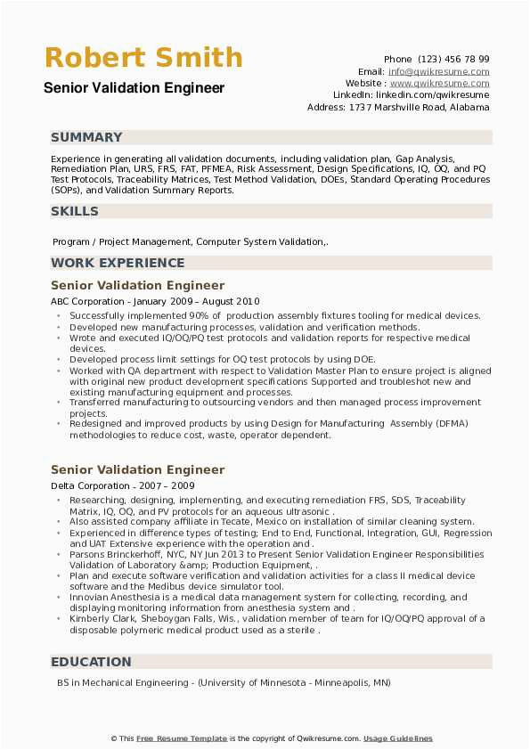 Validation Engineer Sample Resume Industrial Engineering Senior Validation Engineer Resume Samples