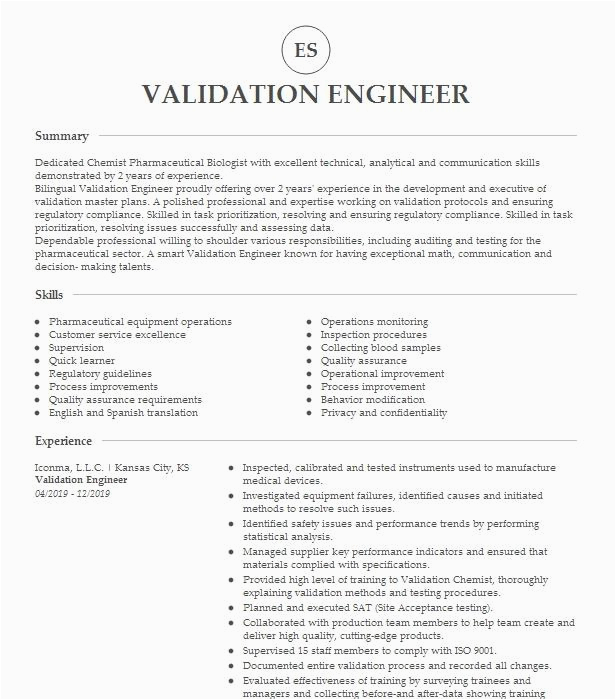Validation Engineer Sample Resume Industrial Engineering Validation Engineer Resume Example Iconma L L C Malden Massachusetts