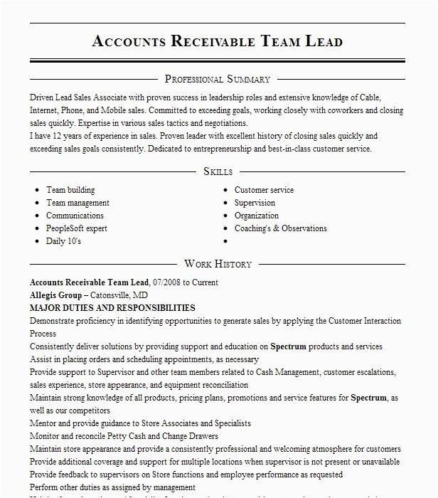 Accounts Receivable Team Leader Resume Sample Accounts Receivable Specialist Team Lead Resume Example Pany Name
