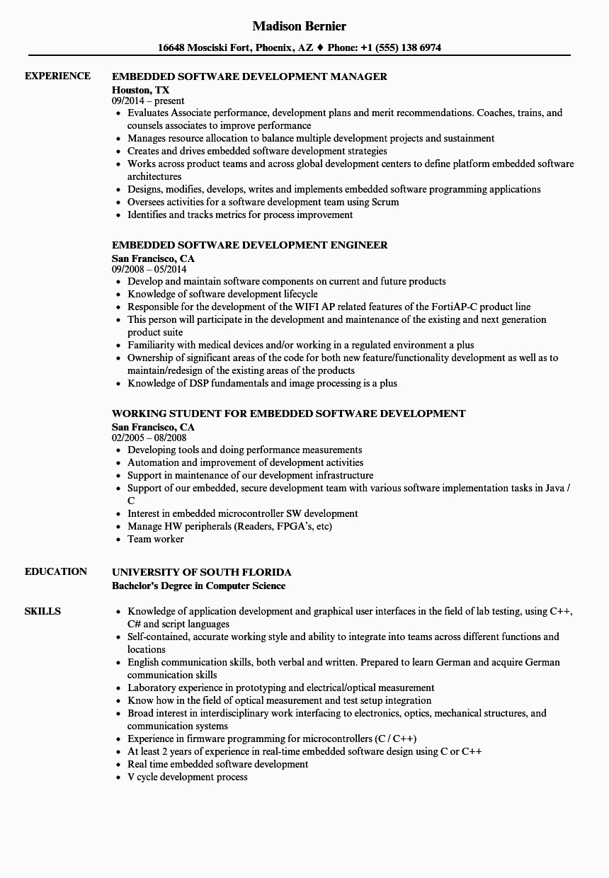 Automotive Embedded software Engineer Resume Samples Sample Resume for Embedded software Engineer Experienced Most Freeware