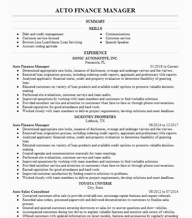 Automotive Financial Services Manager Resume Sample Auto Finance Manager Resume Example Jp Morgan Chase Ennis Texas