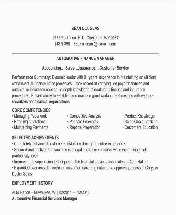 Automotive Financial Services Manager Resume Sample Free 43 Manager Resume Templates In Pdf
