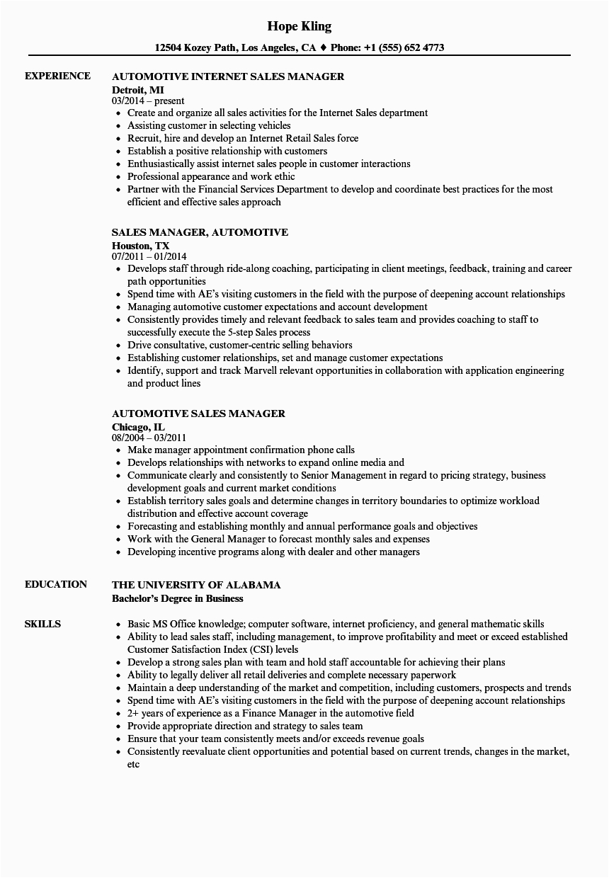 Automotive Internet Sales Manager Resume Sample Automotive Sales Managers Resume Car Sales Resume Example