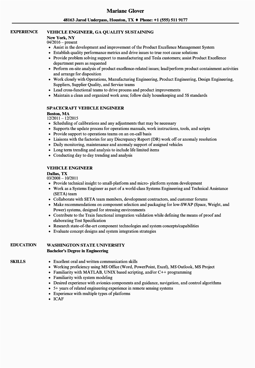 Automotive System Project Manager Resume Sample Vehicle Engineer Resume Samples