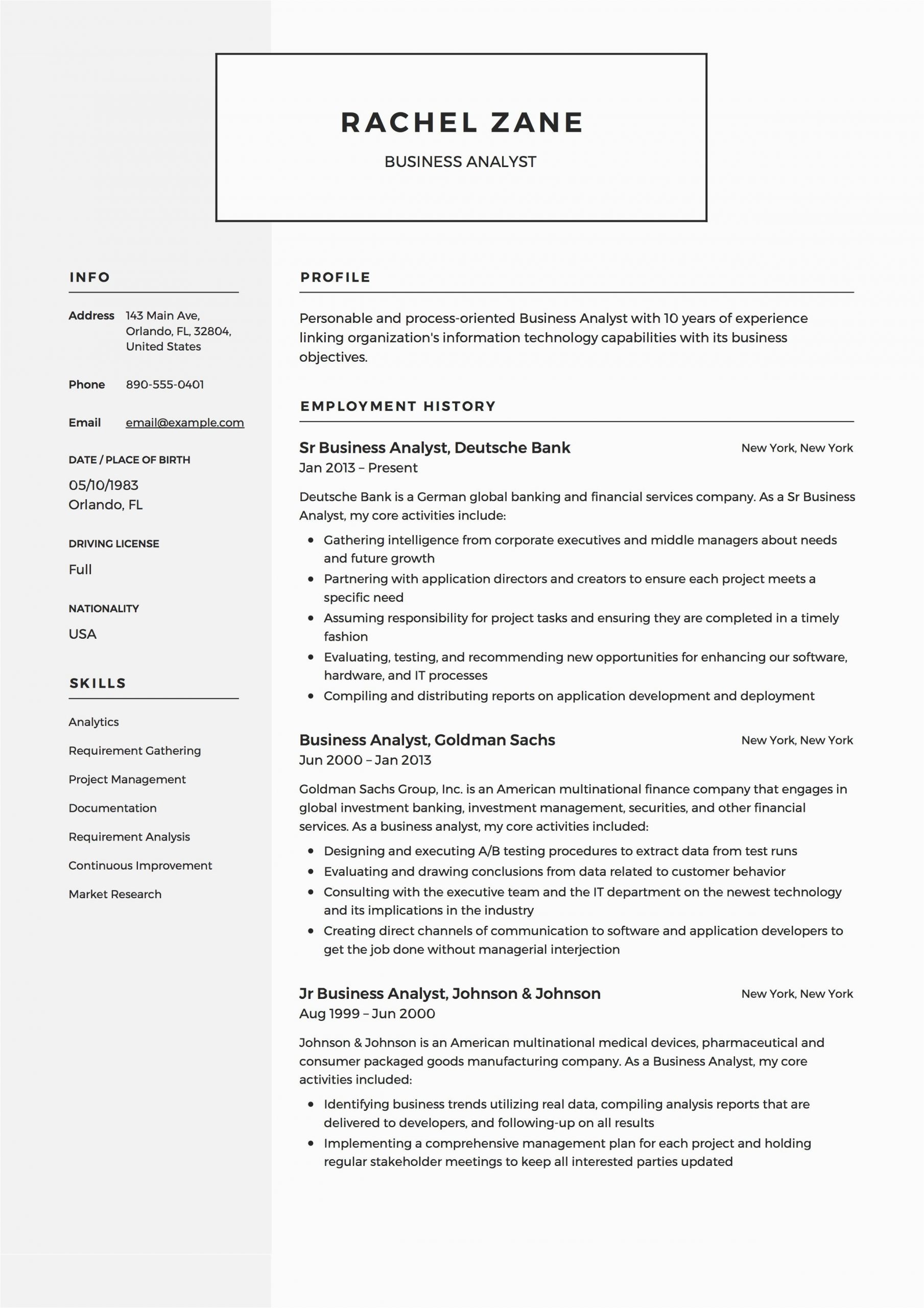 Business Analyst Resume Templates Free Download Business Analyst Resume Sample Template Example Cv