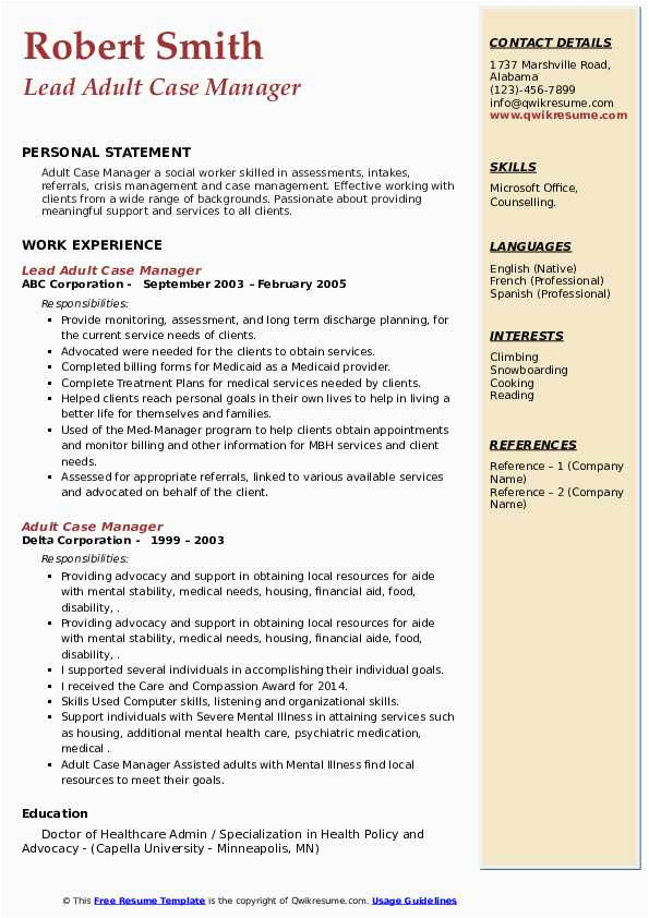 Case Manager Volunteer with Adult Resume Samples Adult Case Manager Resume Samples