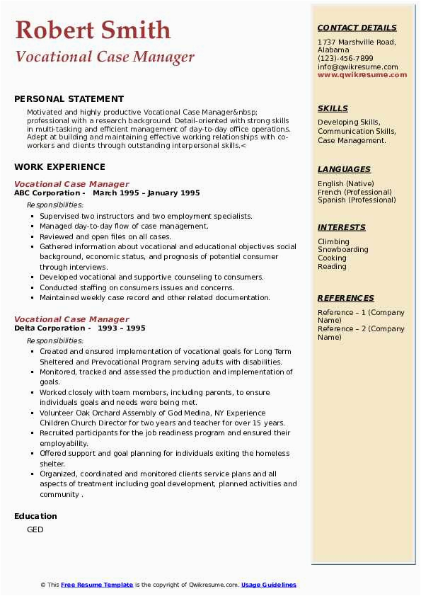 Case Manager Volunteer with Adult Resume Samples Vocational Case Manager Resume Samples