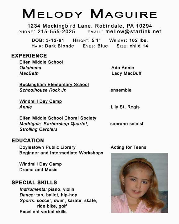 Child Acting Resume Template No Experience Undefined