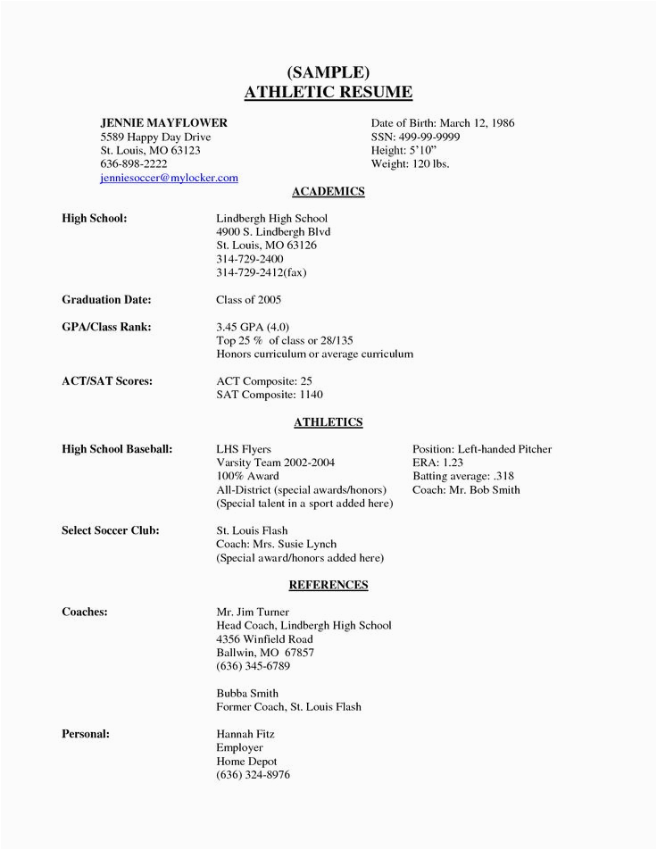 College Resume Template High School Senior Sample athletic Resume