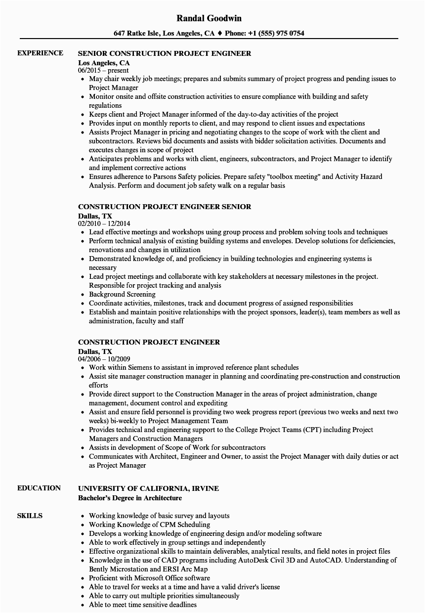 Construction Project List Template for Resume Engineer Construction Resume
