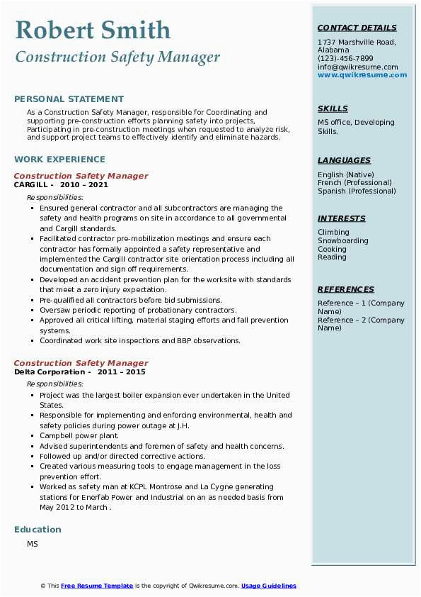 Construction Site Safety Officer Resume Sample Construction Safety Manager Resume Samples