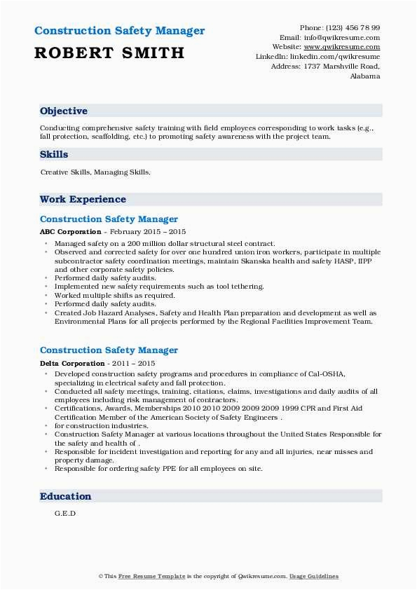 Construction Site Safety Officer Resume Sample Construction Safety Manager Resume Samples