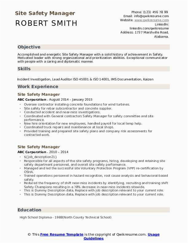 Construction Site Safety Officer Resume Sample Site Safety Manager Resume Samples