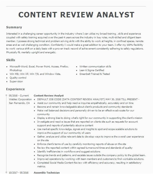 Content Review Analyst Google Resume Sample Content Review Analyst Resume Example Tesla Mountain View California