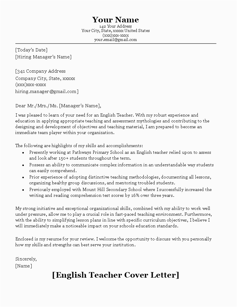 Cover Letter and Resume Template for Teachers Teacher Resume Cover Letter