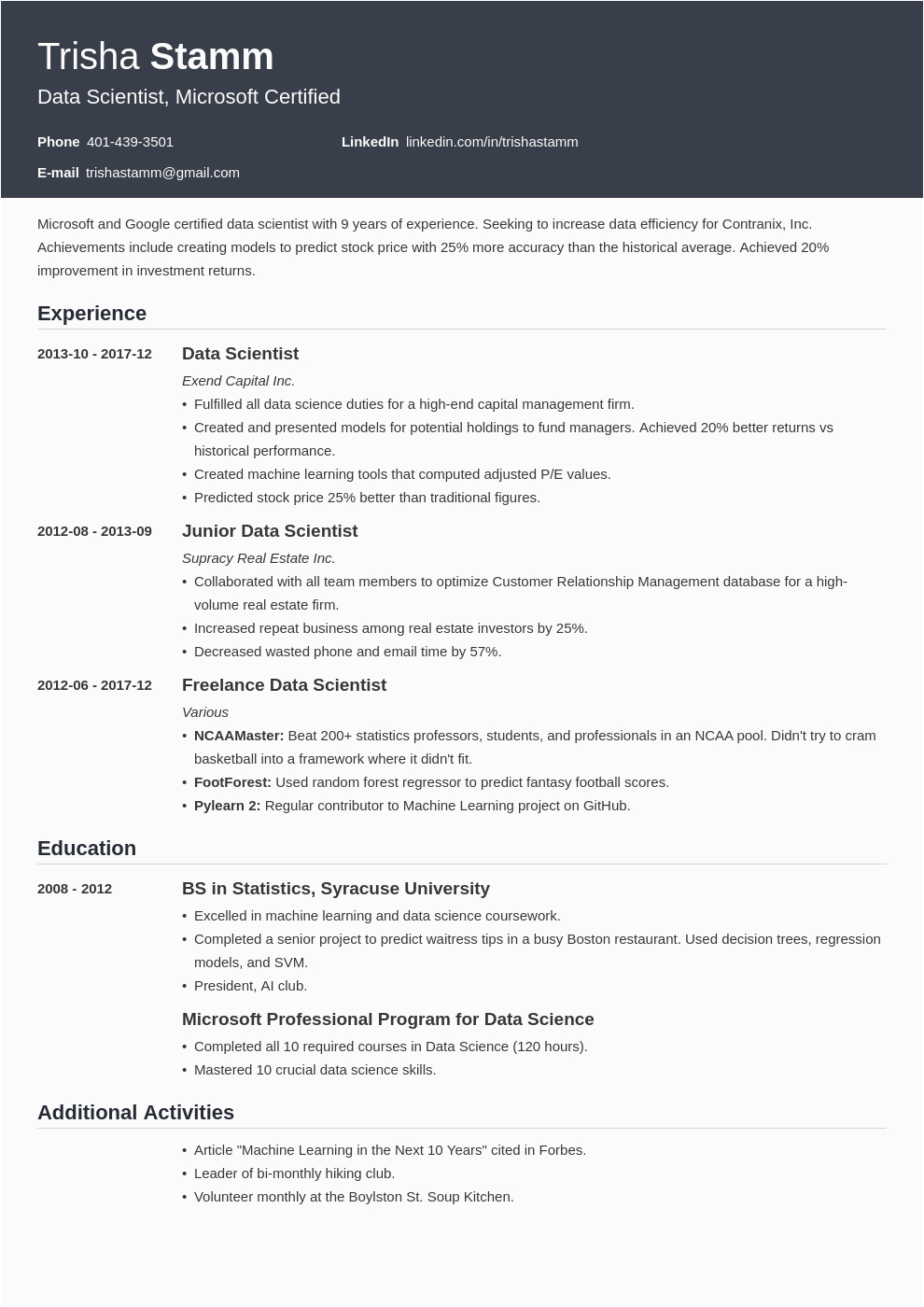 Data Science Dream Job Resume Template Data Scientist Resume Example Template Influx In 2020