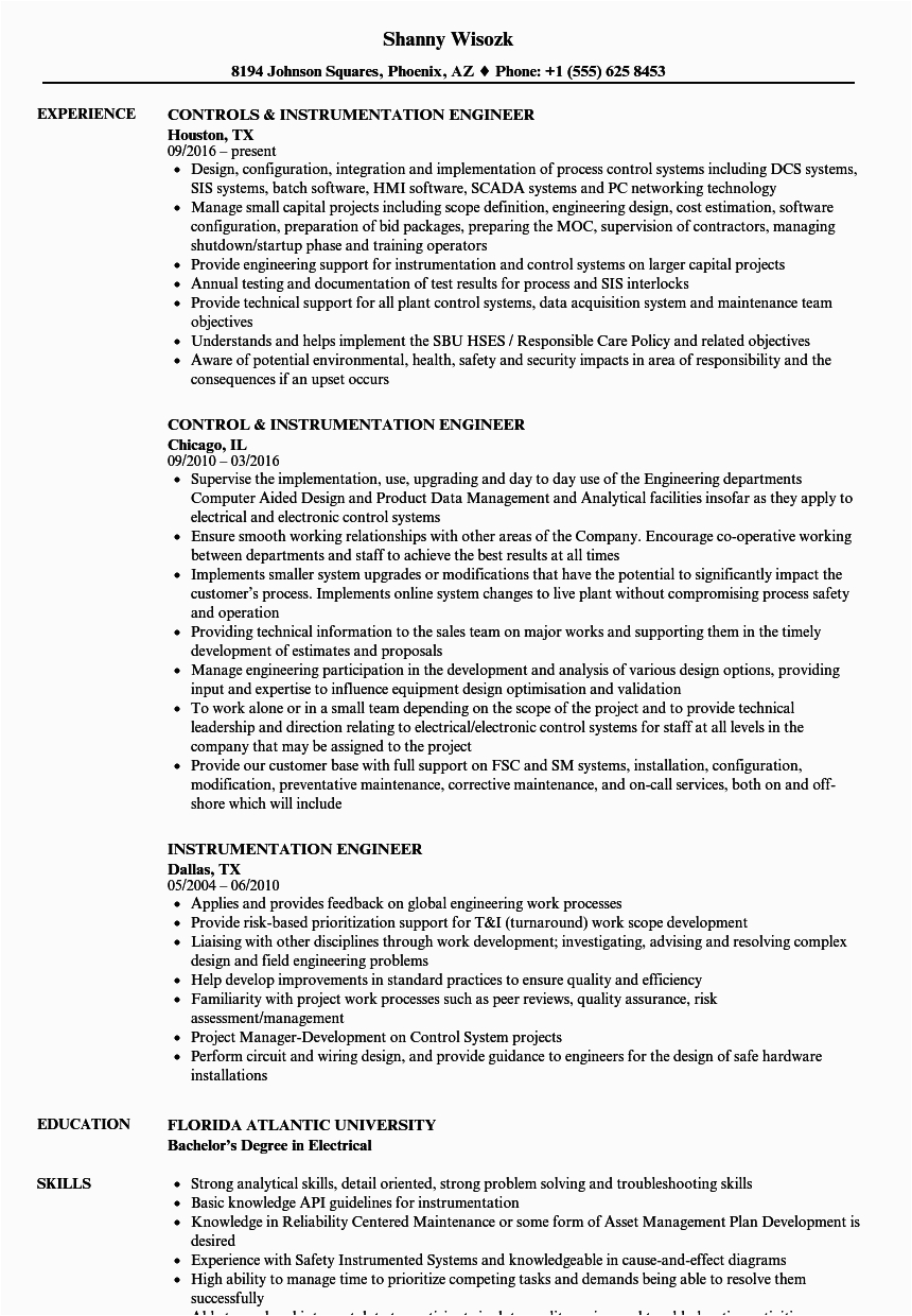 Electrical and Instrumentation Engineer Resume Sample Cv for Installation and Test and Missioning Substations Engineers