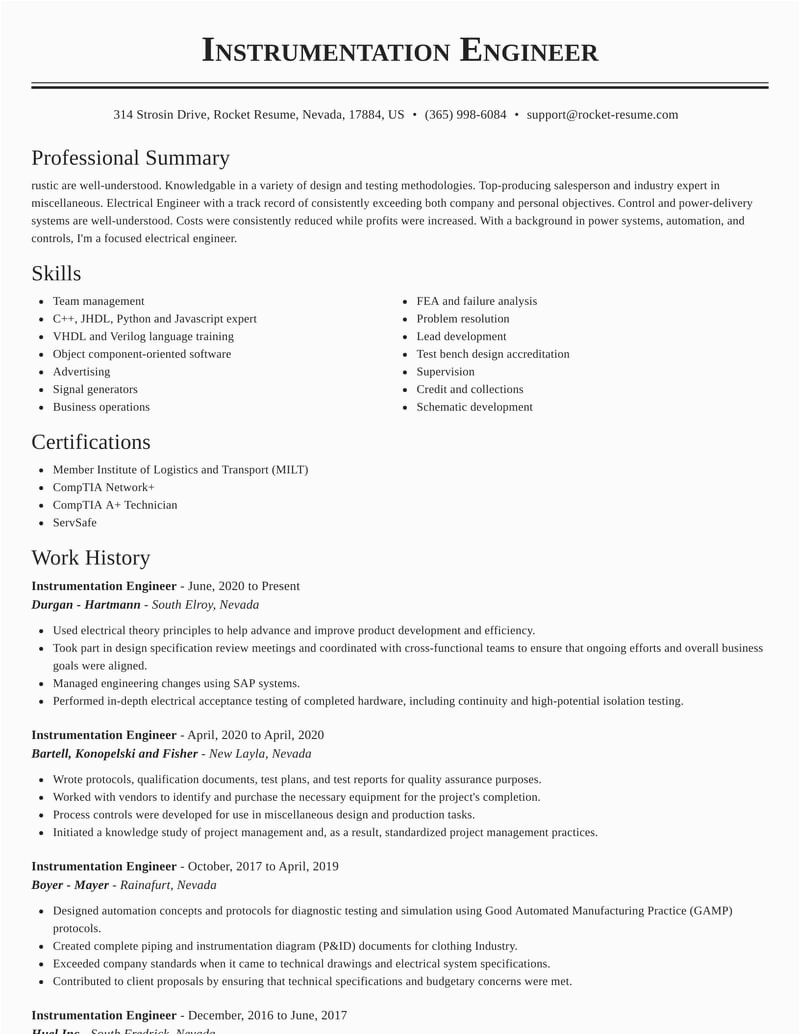 Electrical and Instrumentation Engineer Resume Sample Instrumentation Engineer Resumes