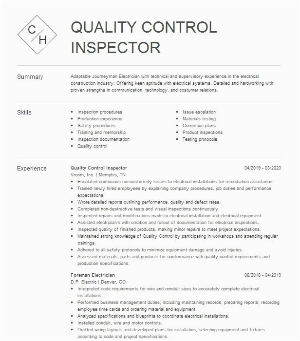 Electrical Qa Qc Inspector Resume Sample Electrical Quality Control Inspector Resume Example 3i Construction