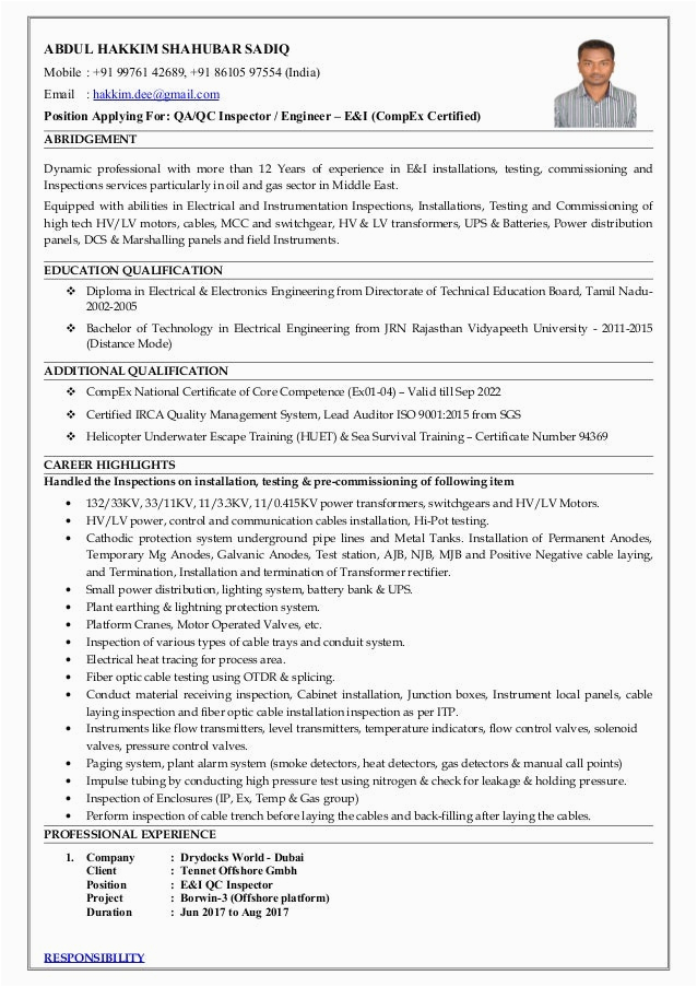 Electrical Qa Qc Inspector Resume Sample Resume for Electrical Qa Qc