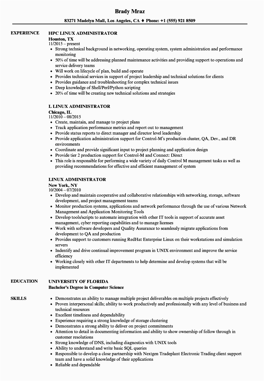 Entry Level Linux System Administrator Resume Sample Linux Administrator Resume Samples