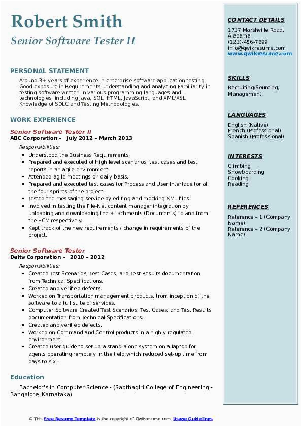 Experienced Resume Samples Of software Tester Senior software Tester Resume Samples