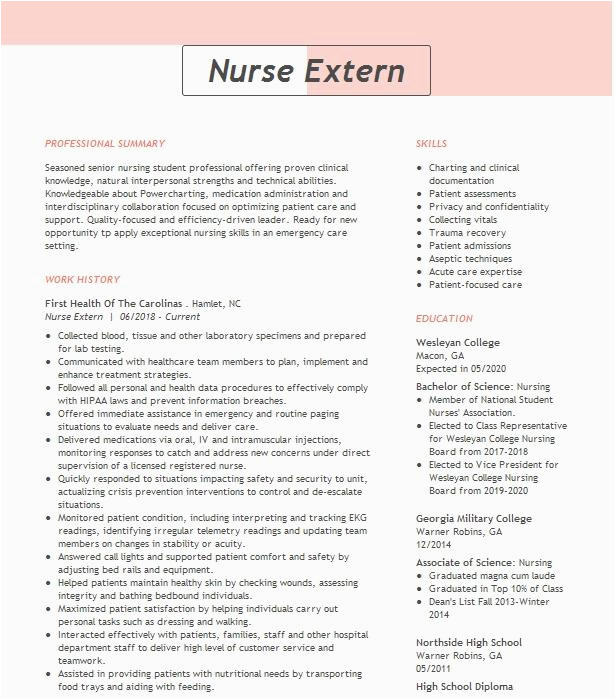 Externship Resume Sample for Nursing School Nurse Extern Resume Example Upson Regional Medical Center Griffin