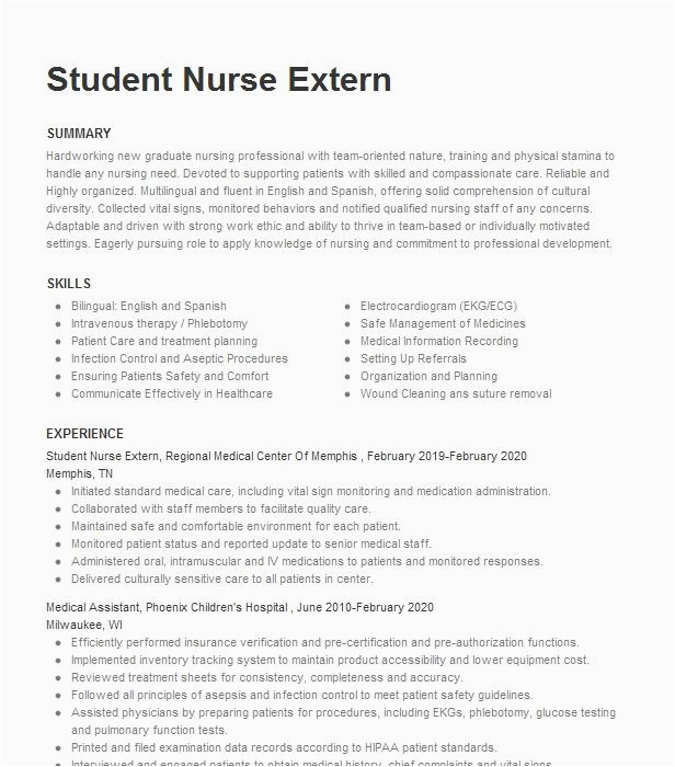 Externship Resume Sample for Nursing School Student Nurse Extern Resume Example Pany Name Columbia Missouri