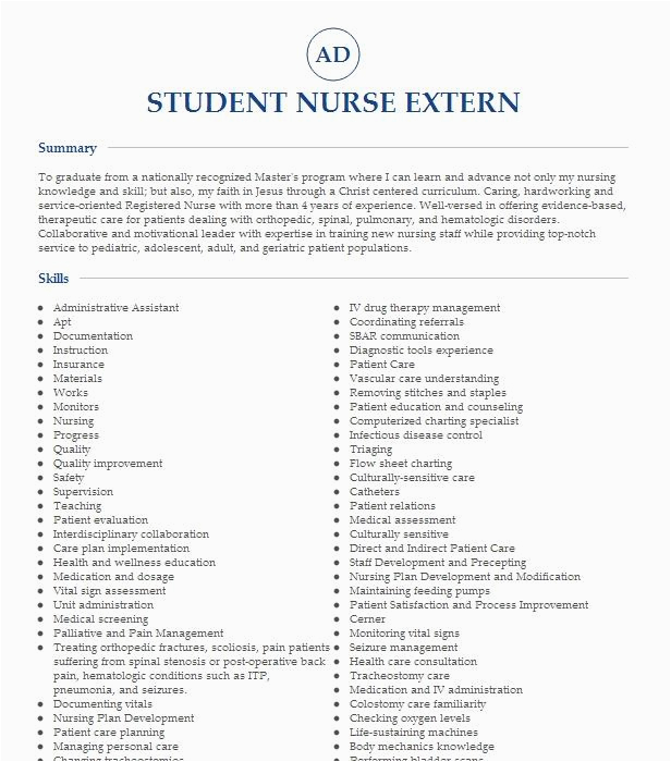 Externship Resume Sample for Nursing School Student Nurse Extern Resume Example Providence Hospitals Columbia