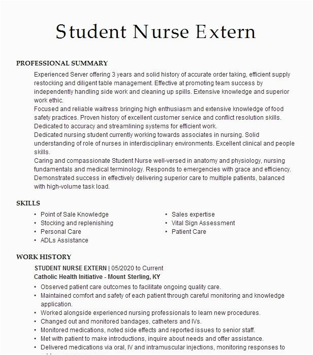 Externship Resume Sample for Nursing School Student Nurse Extern Resume Example Providence Hospitals Columbia