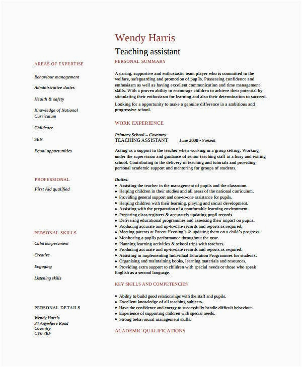 Free Resume Samples for Teacher assistant 9 Teacher assistant Resume Templates Pdf Doc