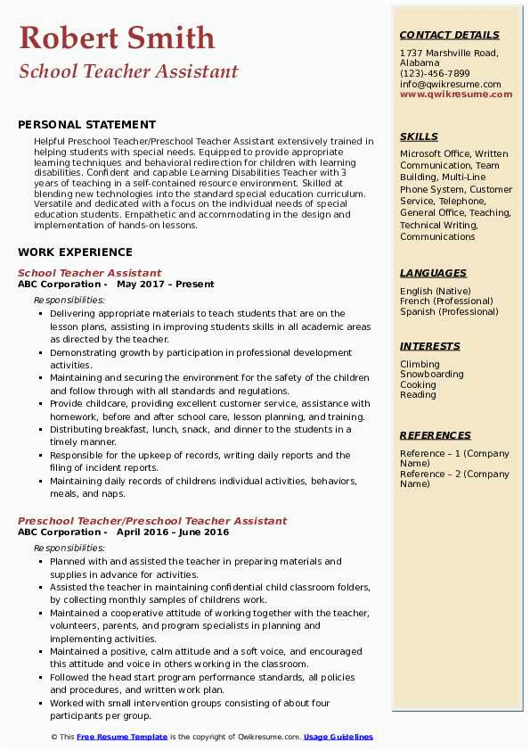 Free Resume Samples for Teacher assistant Teacher assistant Resume Samples