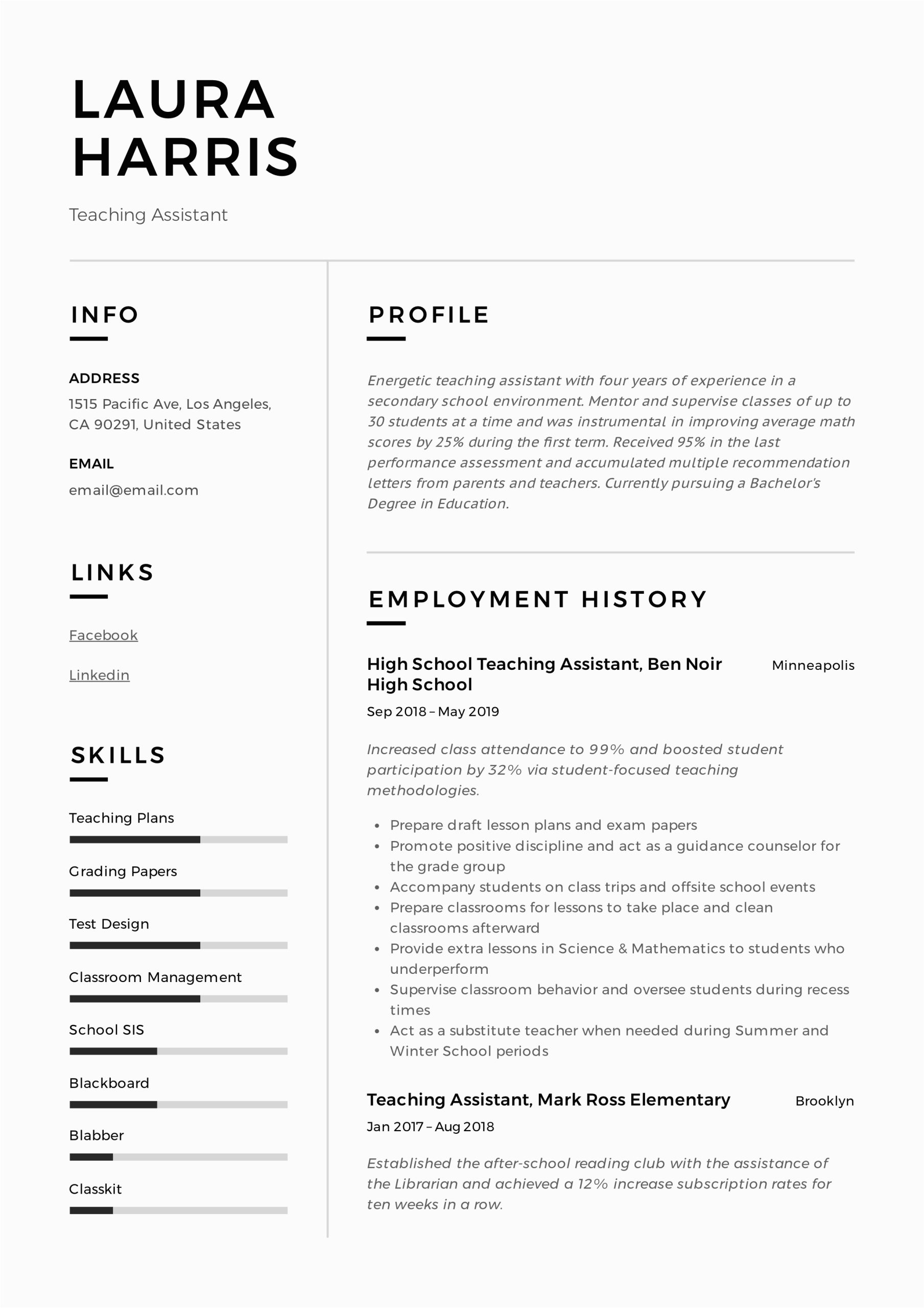 Free Resume Samples for Teacher assistant Teaching assistant Resume & Writing Guide 12 Templates