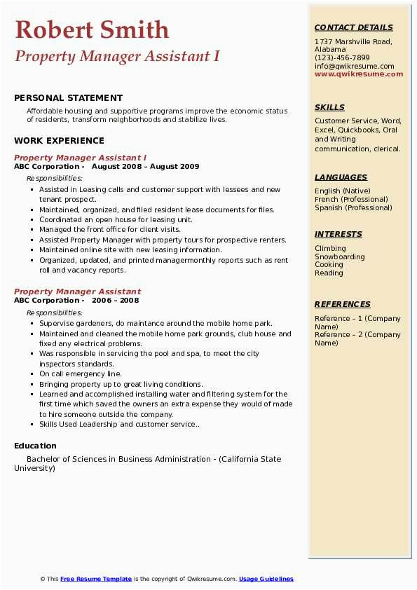 Free Sample assistant Property Manager Resume Property Manager assistant Resume Samples