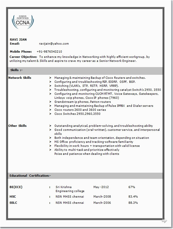 Fresher Resume Sample for Networking Engineer Hardware and Networking Fresher Resume format Doc