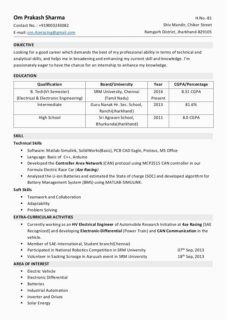 Fresher Resume Samples India Career Objective 17 Automobile Fresher Resume format