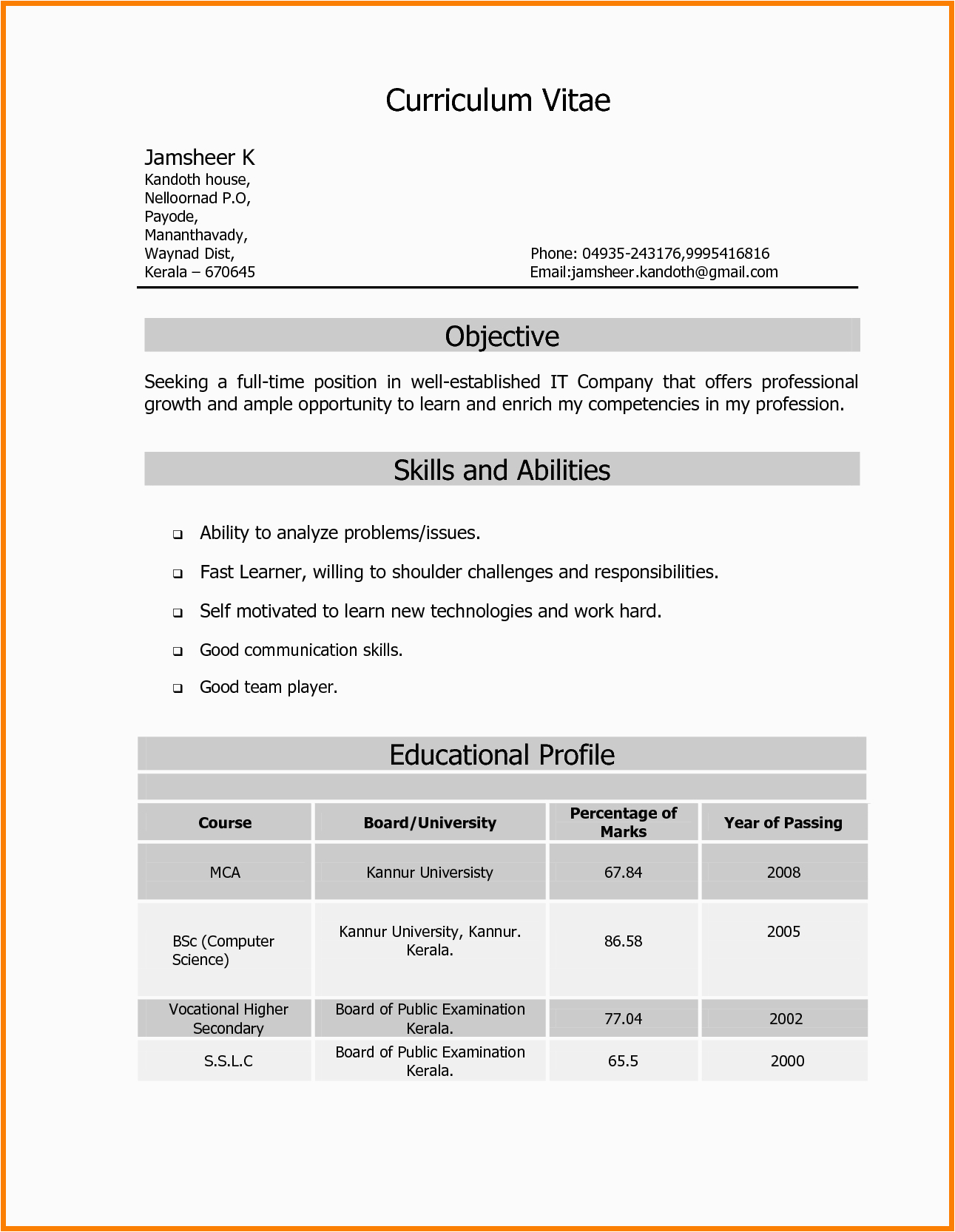 Fresher Resume Samples India Career Objective Resume format for Freshers In India Freshers Cv format