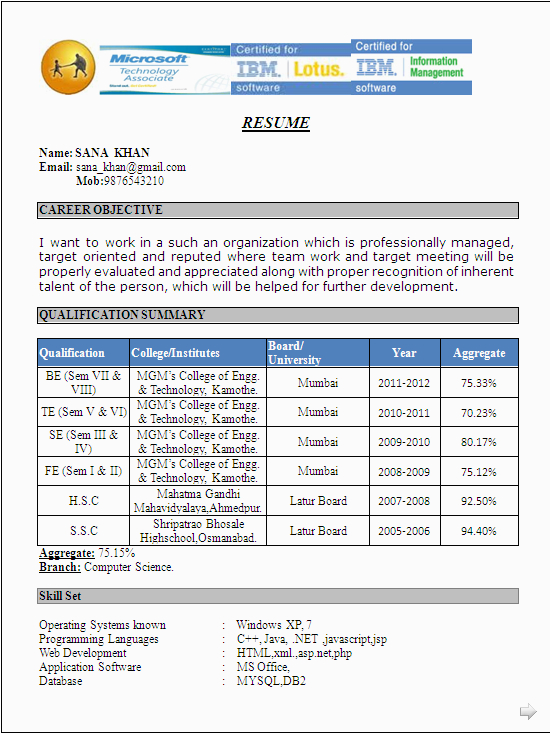 Freshers Resume Samples for Computer Science Puter Science Fresher Resume format Resume formats